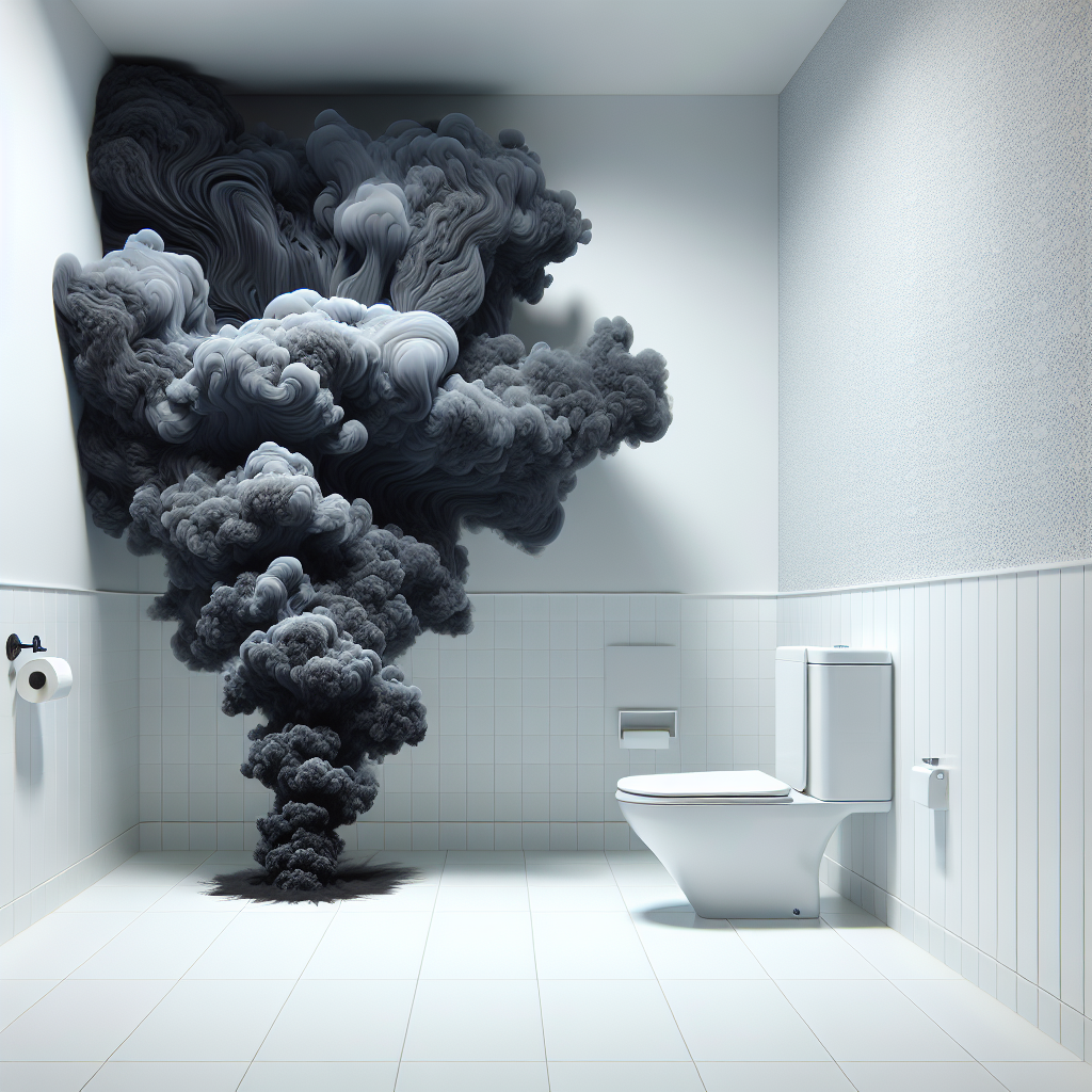 A conceptual image showing an unpleasant, swirling, dark, and abstract gas cloud visibly emanating from a minimalist toilet in a pristine, modern white bathroom. A contrasting, bright, and fresh air current is subtly pushing against the dark cloud, symbolizing the battle against bad odors. High contrast, clean lines, slightly surreal, inviting freshness.