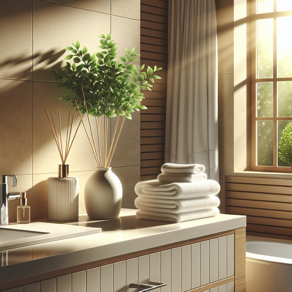 A pristine, sparkling clean, and bright modern bathroom, bathed in warm, soft sunlight streaming through a large window. A vibrant green potted plant sits on a sleek counter next to a stack of freshly folded white towels. An elegant, subtle reed diffuser is placed discreetly, emphasizing a fresh, clean, and inviting atmosphere, conveying ultimate freshness and hygienic purity.