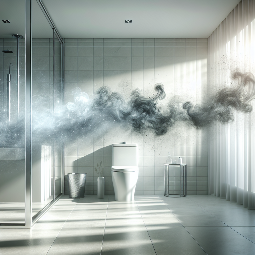 A bright, clean, modern bathroom with an abstract representation of unpleasant odor (e.g., a faint, dark, swirling mist) being actively dispelled and replaced by a fresh, clean breeze and bright light, symbolizing cleanliness and a pleasant aroma. High-key lighting, soft focus, serene atmosphere. Avoid explicit depictions of stool.