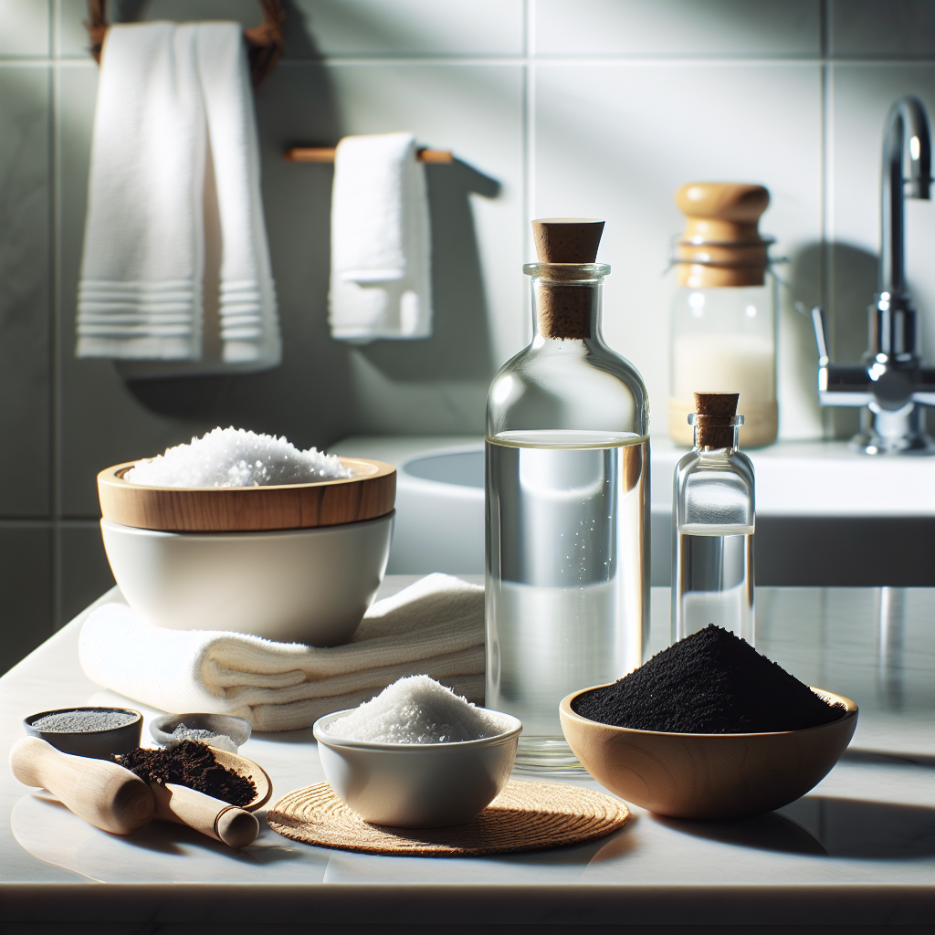 An elegant still life arrangement of natural odor neutralizers on a clean countertop in a bright bathroom. Include a small bowl of fresh coffee grounds, a clear glass bottle of white vinegar, baking soda in a dish, and activated charcoal pieces. Soft, natural lighting, conveying effectiveness and natural solutions.