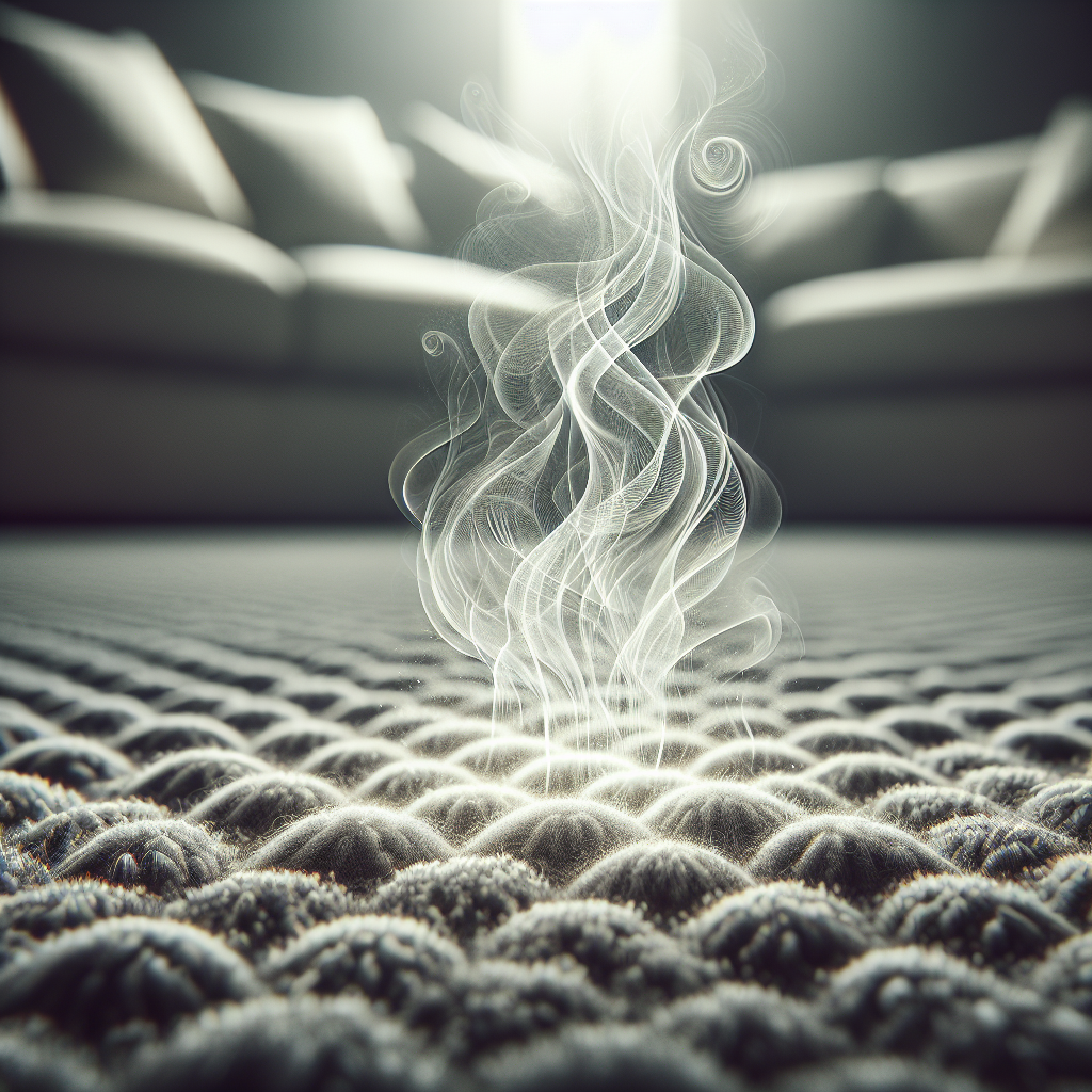 A close-up shot of a textured, slightly worn living room carpet, with subtle, almost translucent wavy lines of 'odor' visibly rising from its fibers, creating a faint, uninviting aura. The background is a soft-focus, somewhat dingy living room. Emphasize the unpleasant visual of the smell without being too cartoonish. Realistic, slightly desaturated colors, hinting at staleness.