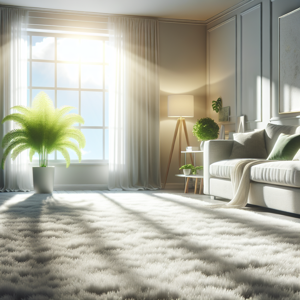 A bright, sun-drenched living room with an impeccably clean, fluffy carpet that looks and feels fresh. Sunlight streams through an open window, illuminating dust-free air and suggesting a gentle breeze. A small, vibrant green plant adds a touch of nature and purity. The overall atmosphere is one of cleanliness, comfort, and inviting freshness. Realistic, warm, and airy.