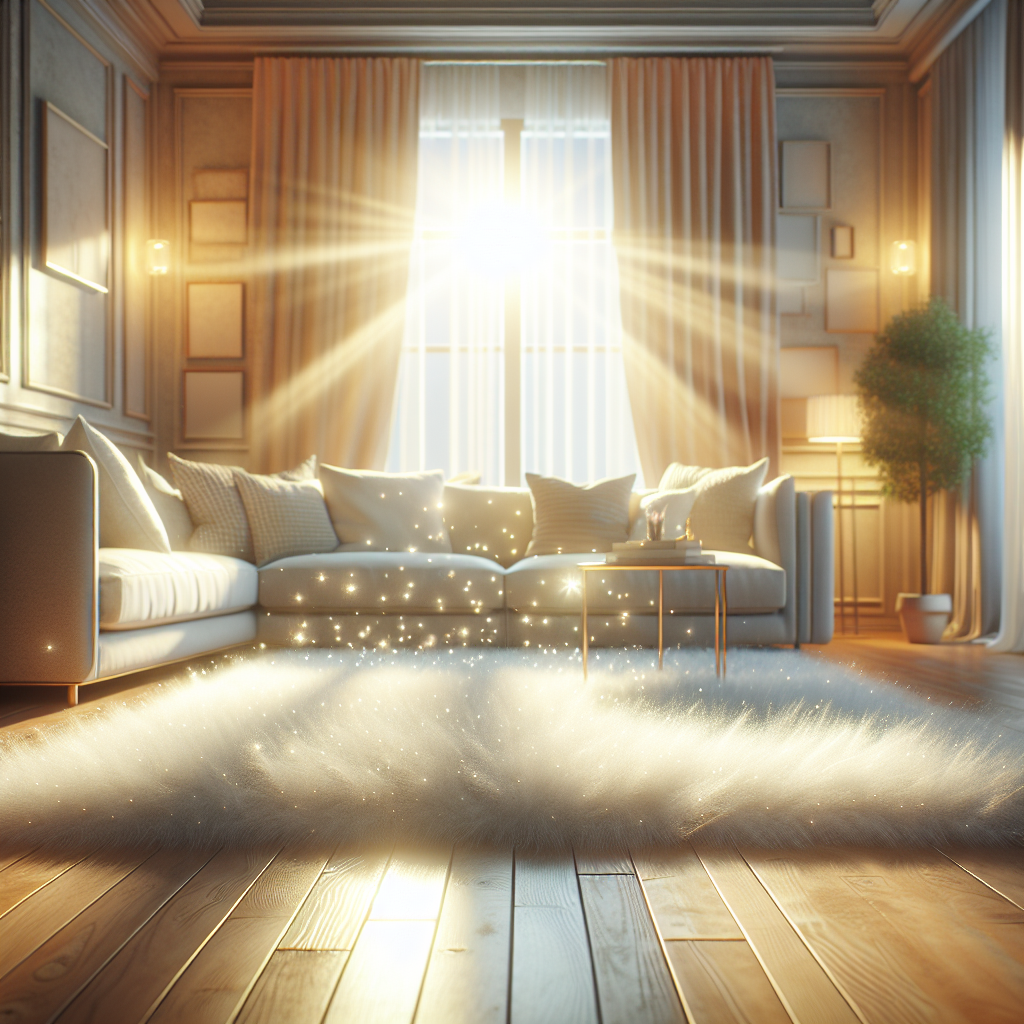 A bright, inviting living room bathed in warm sunlight, with a fluffy, clean carpet as the focal point. Subtle, ethereal effects like sparkling dust motes or a gentle, invisible breeze are visible, emphasizing an odor-free and fresh environment. High detail, photorealistic, warm lighting.
