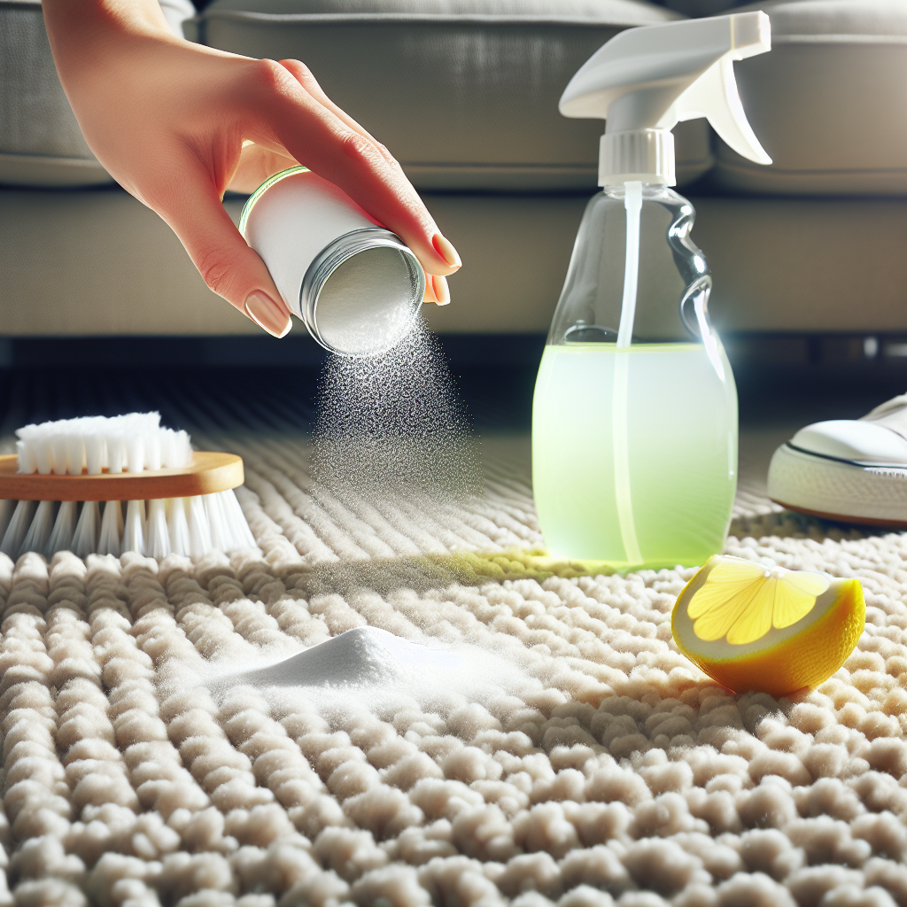 Close-up shot of a beige living room carpet. Hands are gently sprinkling baking soda onto a small area, with a spray bottle filled with a vinegar solution and a cut lemon placed nearby, symbolizing natural home remedies for odor removal. Photorealistic, well-lit, focus on the texture of the carpet and the cleaning elements.