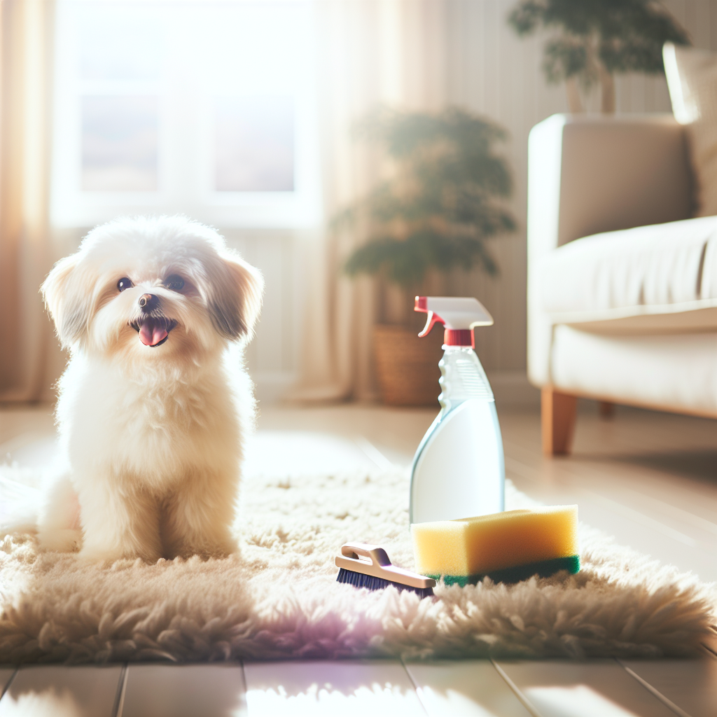 A bright, airy living room with a fluffy, light-colored rug. A small, happy dog is sitting peacefully on the rug, looking playfully at a generic cleaning spray bottle and a sponge placed neatly beside it, suggesting a fresh, clean environment after a minor mishap. Sunlight streams through a window, illuminating the room. The overall feeling is one of cleanliness, freshness, and comfort. Realistic, inviting, soft focus.