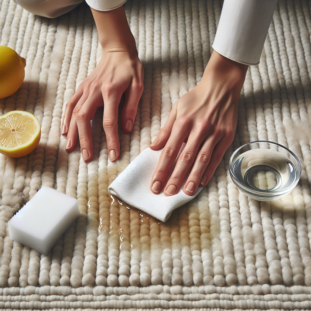 A close-up, top-down shot of hands gently dabbing a subtle, damp spot on a light-colored carpet or textile with a clean, white cloth. Next to the spot, a small, clear bowl contains a transparent liquid (implying a vinegar solution) with a few lemon slices or a sprinkle of baking soda nearby, for visual cues of natural, effective cleaning. Natural lighting, clean aesthetic, focus on the act of careful cleaning.