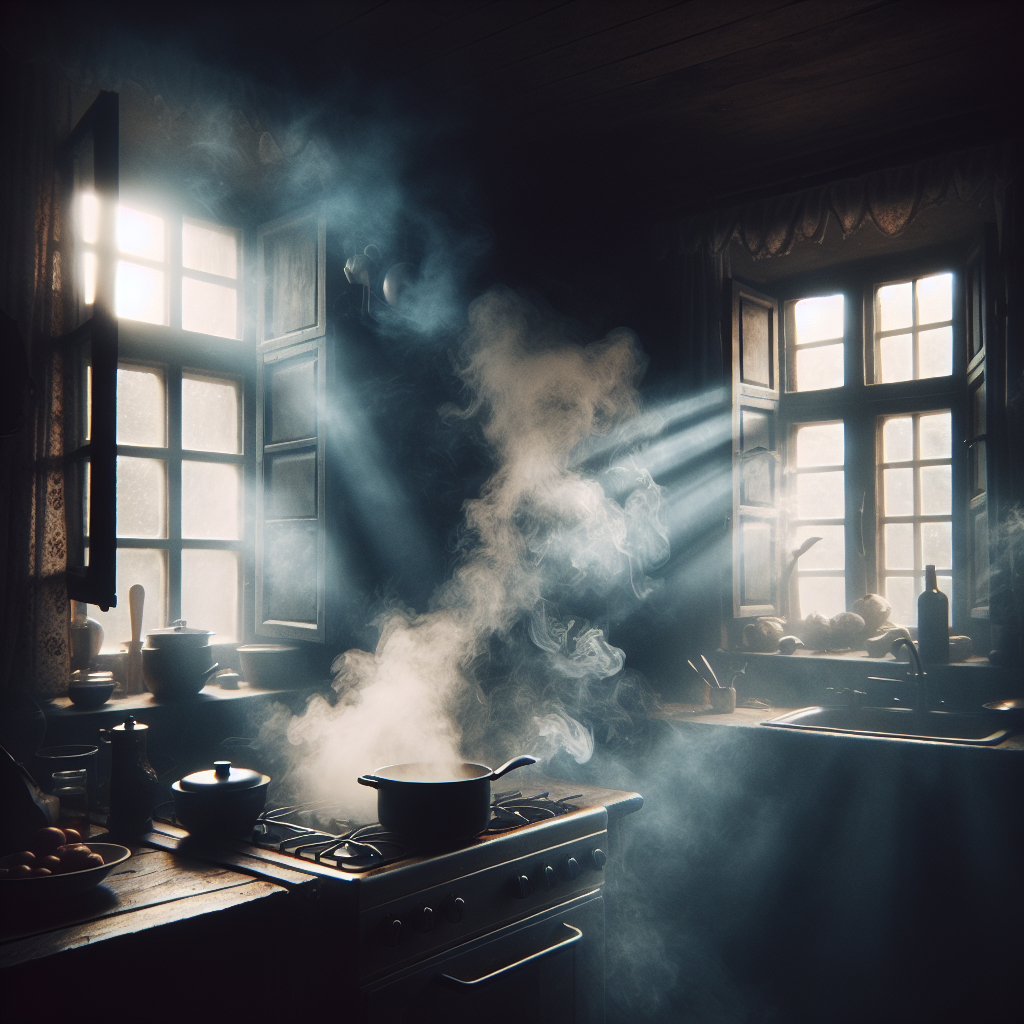 A dimly lit kitchen filled with a faint haze of smoke, a slightly burnt pot sitting on a stovetop, and wide-open windows struggling to clear the air. The atmosphere is unpleasantly heavy, conveying a lingering burnt odor. Realistic, moody lighting.