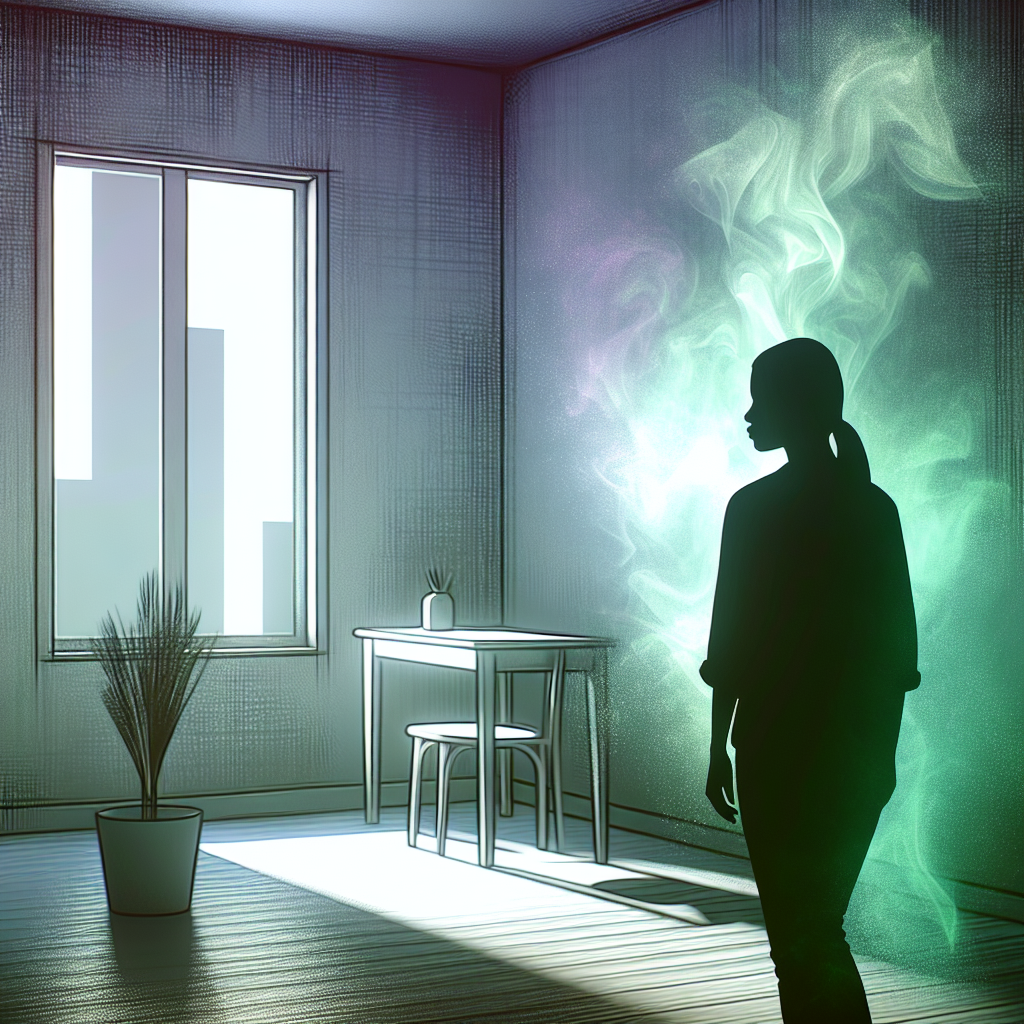 A subtly unsettling image of a clean modern room, but with an abstract, ethereal green-purple haze subtly emanating from a hard-to-see corner, symbolizing a persistent, unpleasant odor. A person's silhouette is visible, looking around with a slightly puzzled and concerned expression. The mood is one of quiet discomfort, realistic style, soft lighting.