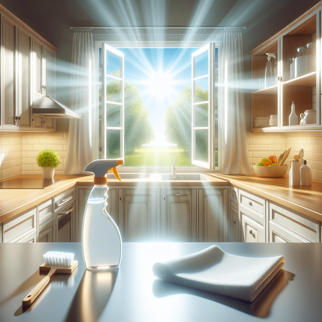 A brightly lit, clean kitchen with an open window letting in fresh air and sunlight. A spray bottle and cleaning cloth are on a polished counter. The overall atmosphere conveys a sense of renewed freshness, cleanliness, and relief, symbolizing effective odor removal. Realistic, vibrant, and inviting.