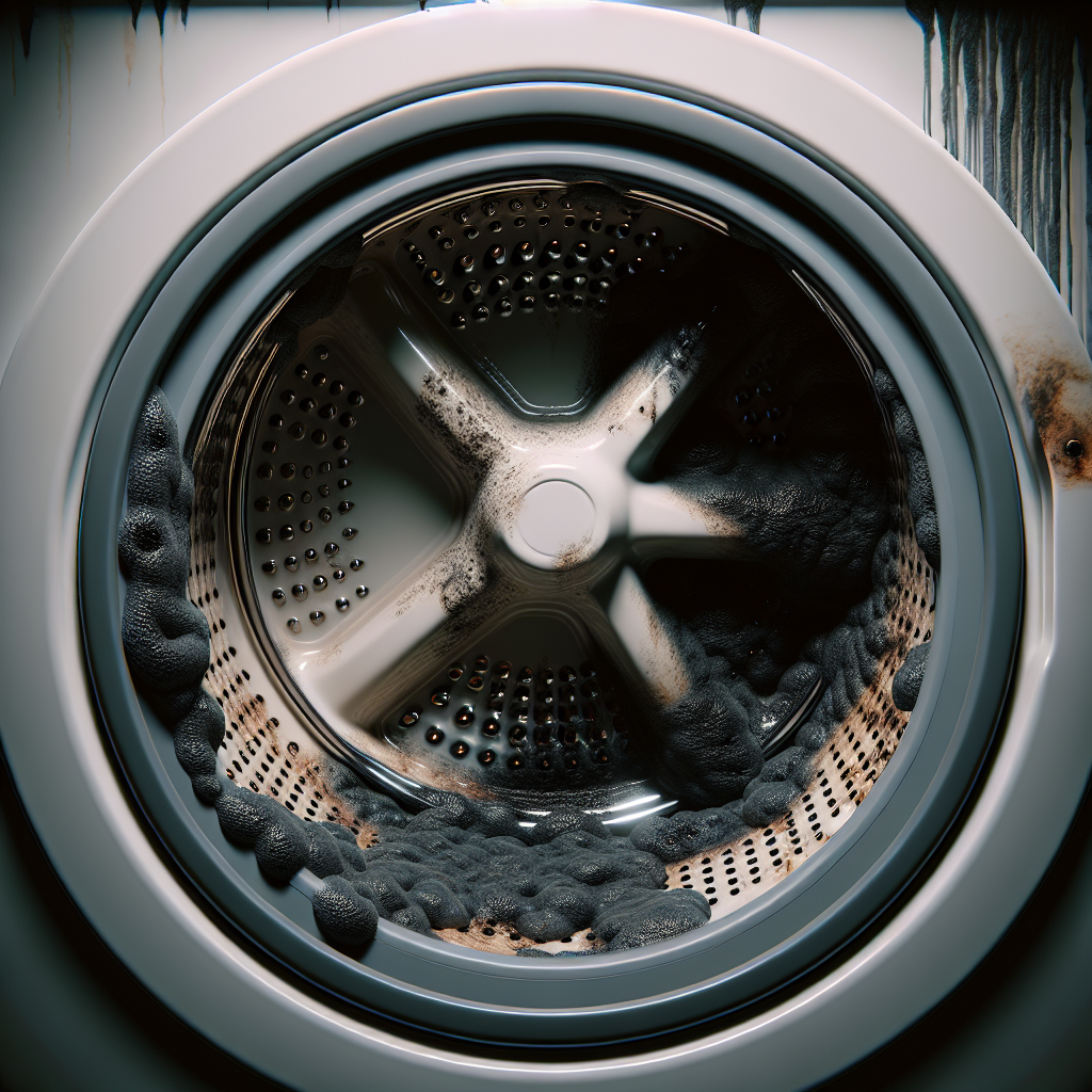 A close-up shot of the interior of a washing machine, focusing on the rubber seal around the door. The seal is slightly pulled back, revealing dark, slimy residue and visible mold spots. The interior of the drum looks dull and slightly grimy. The overall impression is one of neglect and unpleasantness. Realistic photo, dark and gritty aesthetic.
