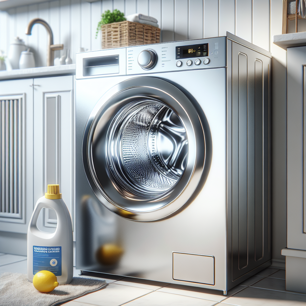 A bright and clean modern washing machine, its door wide open, revealing a sparkling, pristine stainless steel drum. A bottle of washing machine cleaner and a lemon are placed neatly on top of the machine, emphasizing cleanliness and a fresh scent. The background is a clean, bright laundry room. Realistic photo, bright and inviting aesthetic.