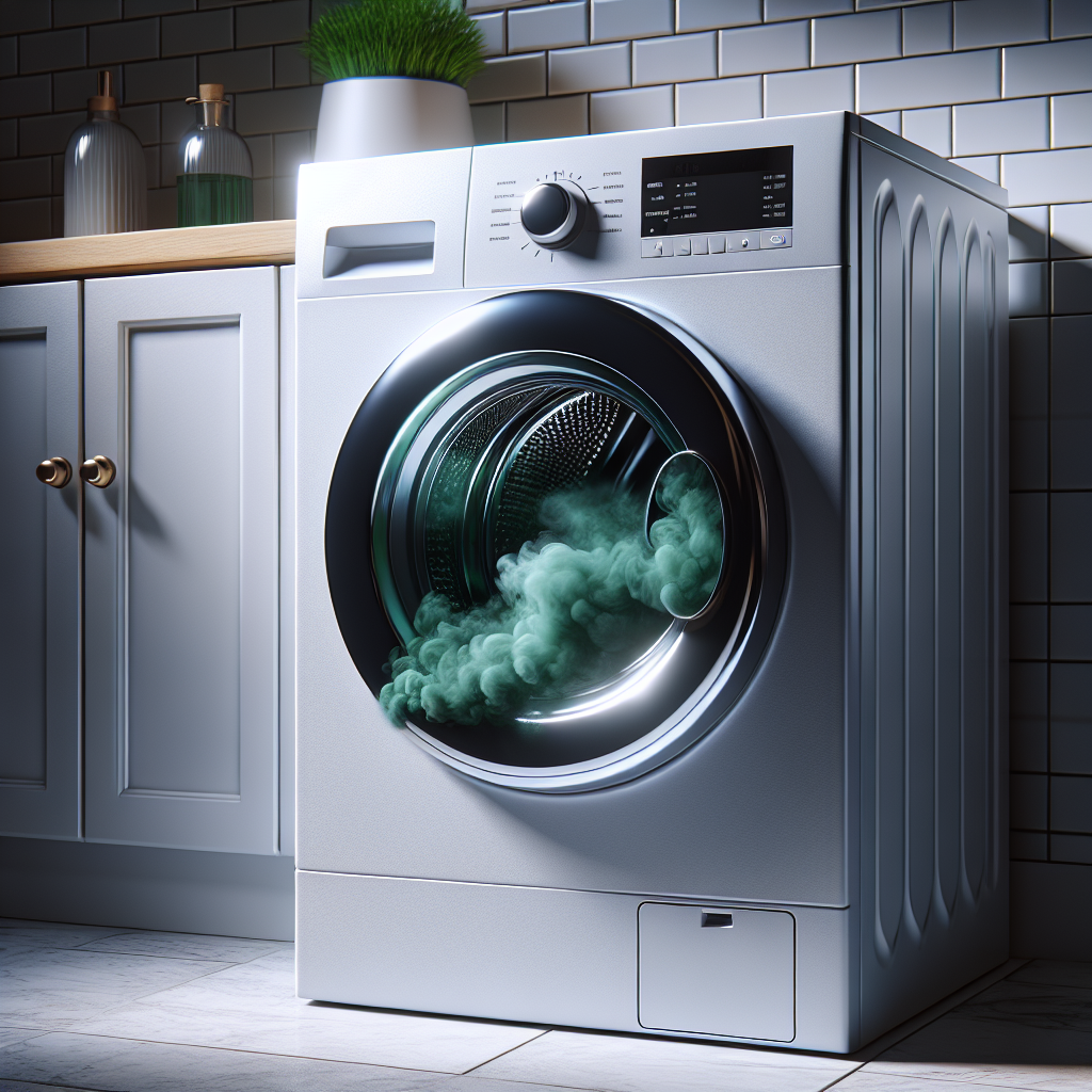 A realistic close-up photo of a modern front-loading washing machine with its door slightly ajar. Dark, unpleasant-looking vapor or stylized green odorous fumes are visibly wafting out from the drum, symbolizing a bad smell. The machine is in a clean, contemporary laundry room, emphasizing the common household problem. Studio lighting.