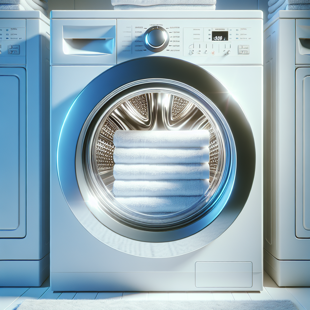 A bright and clean realistic photo showing the open drum of a sparkling, impeccably clean front-loading washing machine. Inside the drum, there's a neatly folded stack of white, fluffy, fresh-smelling towels, with subtle, light blue or white wisps of fresh scent emanating from them. The surrounding laundry room is clean and well-lit, emphasizing hygiene and freshness. High-key lighting, inviting atmosphere.