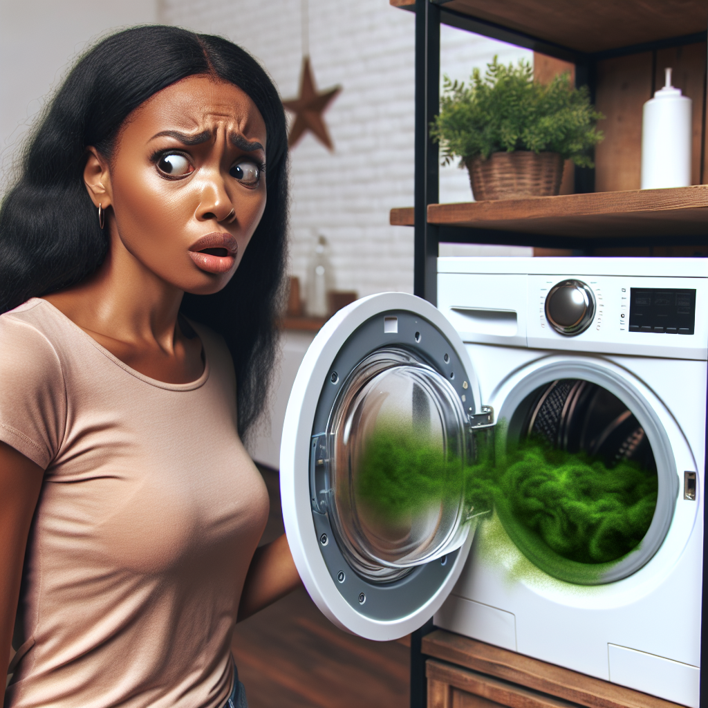 A person with a slightly disgusted or surprised expression opening a modern front-loading washing machine, from which a subtle, unpleasant green-ish odor or wavy stink lines are visibly emanating. The machine appears a bit grimy or neglected inside. Realistic photograph, focus on the reaction and the source of the smell.