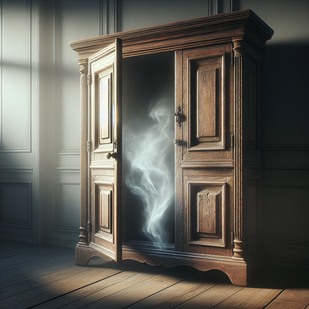 An old, antique wooden cabinet with slightly open doors in a softly lit, somewhat dusty room. A subtle, light grey, transparent wisp of 'odor' visibly emanates from the cabinet's interior, symbolizing an unpleasant smell. The wood should show signs of age and character. Realistic, moody lighting.