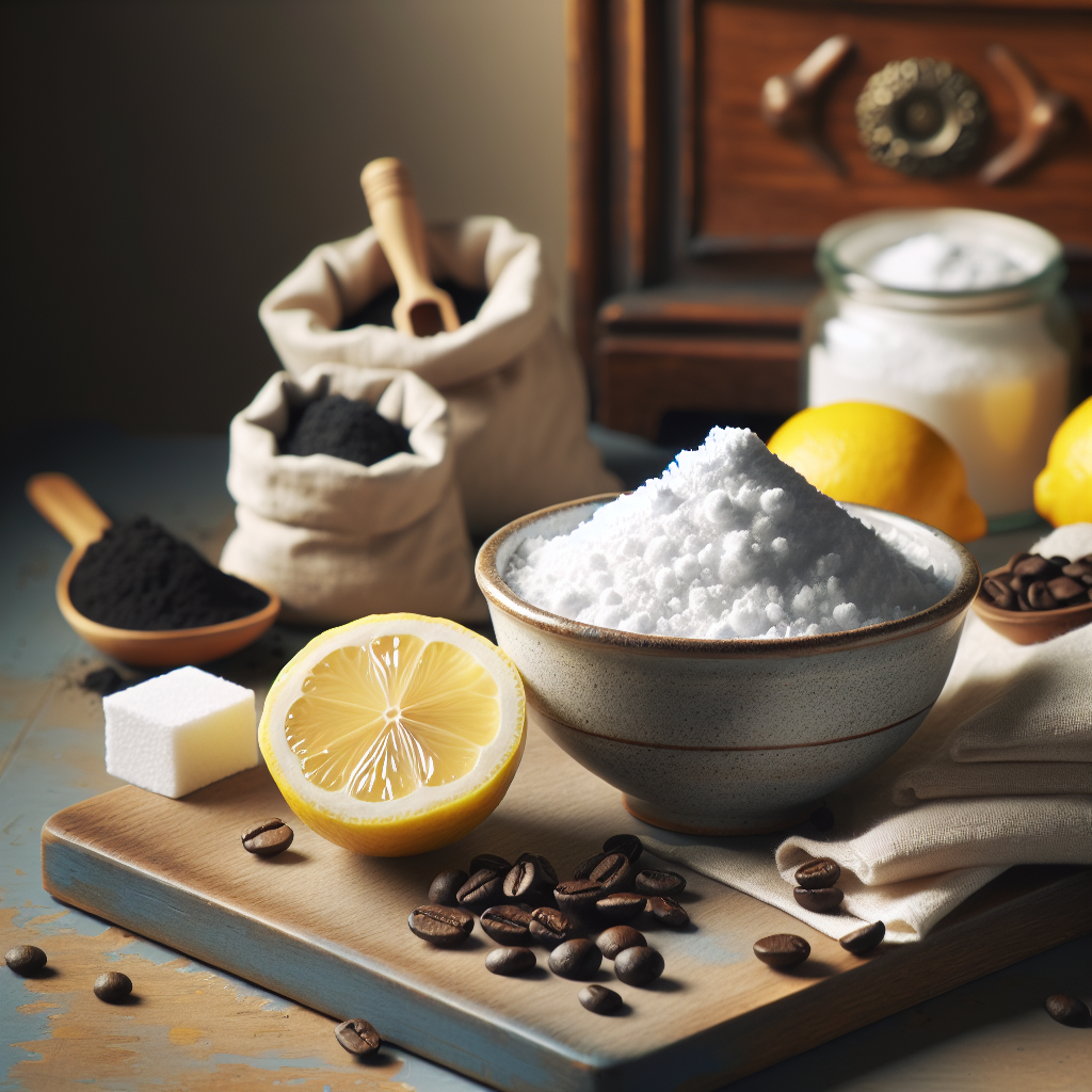 A beautifully arranged still life featuring natural odor removers: a small, rustic bowl filled with white baking soda, a sliced lemon, a small linen bag of activated charcoal, and a handful of fresh coffee beans scattered on a light, clean wooden surface. In the background, a corner of an old, freshly cleaned wooden furniture piece or an upholstered chair is softly out of focus. Bright, natural light, clean aesthetic.