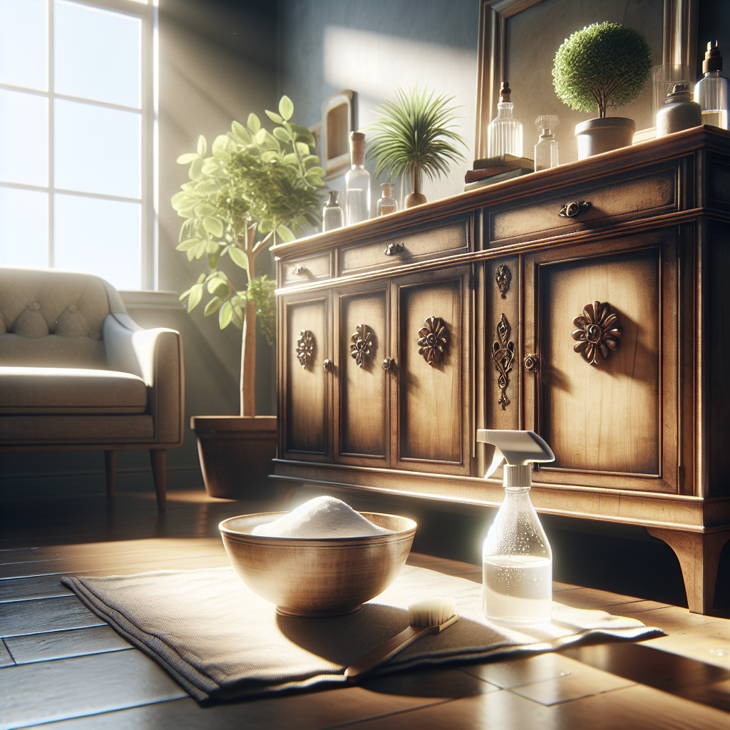 A beautifully styled scene featuring an antique wooden cabinet or dresser in a sunlit room, with subtle visual cues suggesting a fresh, clean atmosphere. A small, elegant bowl filled with baking soda and a spray bottle with a vinegar solution are subtly placed near the furniture. The overall impression is one of gentle restoration and freshness, contrasting with the age of the furniture. Realistic, warm lighting, inviting aesthetic, blog article style, 2024 feel.