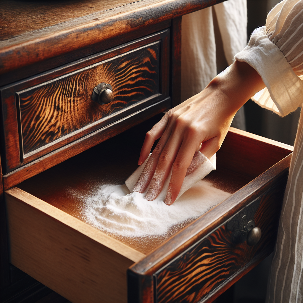 A close-up shot of an open drawer from a vintage wooden chest, revealing a fine layer of white powder (baking soda) sprinkled inside, working to absorb odors. A clean, modern hand is gently dusting or smoothing the powder. The wood grain of the old furniture is clearly visible, showing its character. Soft, natural light illuminates the scene, emphasizing the cleaning process. Practical, focused, clean, blog article style.