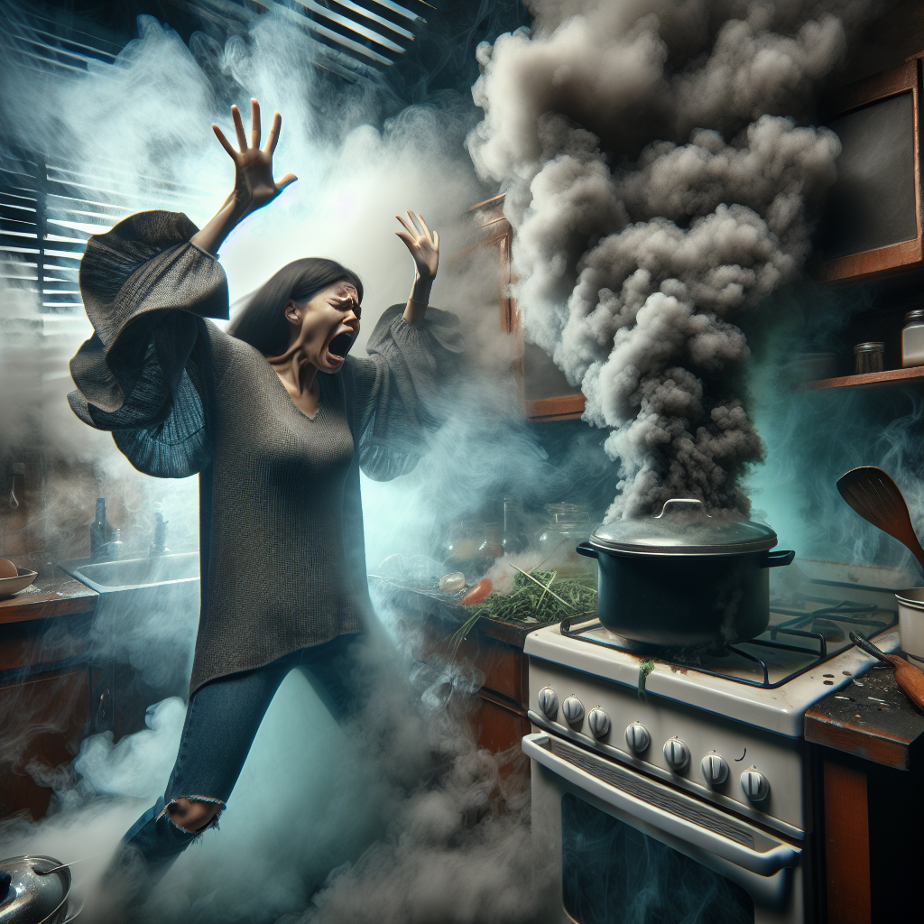 A chaotic kitchen scene with a smoking pot on the stove, emitting thick, dark, acrid smoke that fills the room. A frustrated person is fanning the air, the oppressive smoke and bad odor are visually depicted as a heavy, green-tinted haze. Realistic, dramatic lighting.