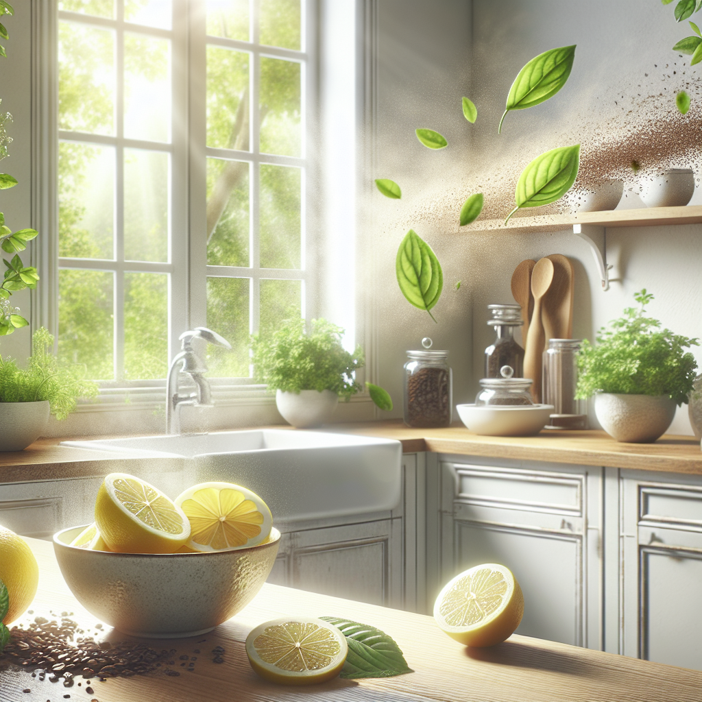 A bright, clean kitchen with an open window letting in fresh air and sunshine. On a countertop, there's a bowl of sliced lemons, a small bowl of fresh coffee grounds, and a sprig of mint. The atmosphere is serene and fresh, with no sign of smoke or bad odors. Realistic, inviting.