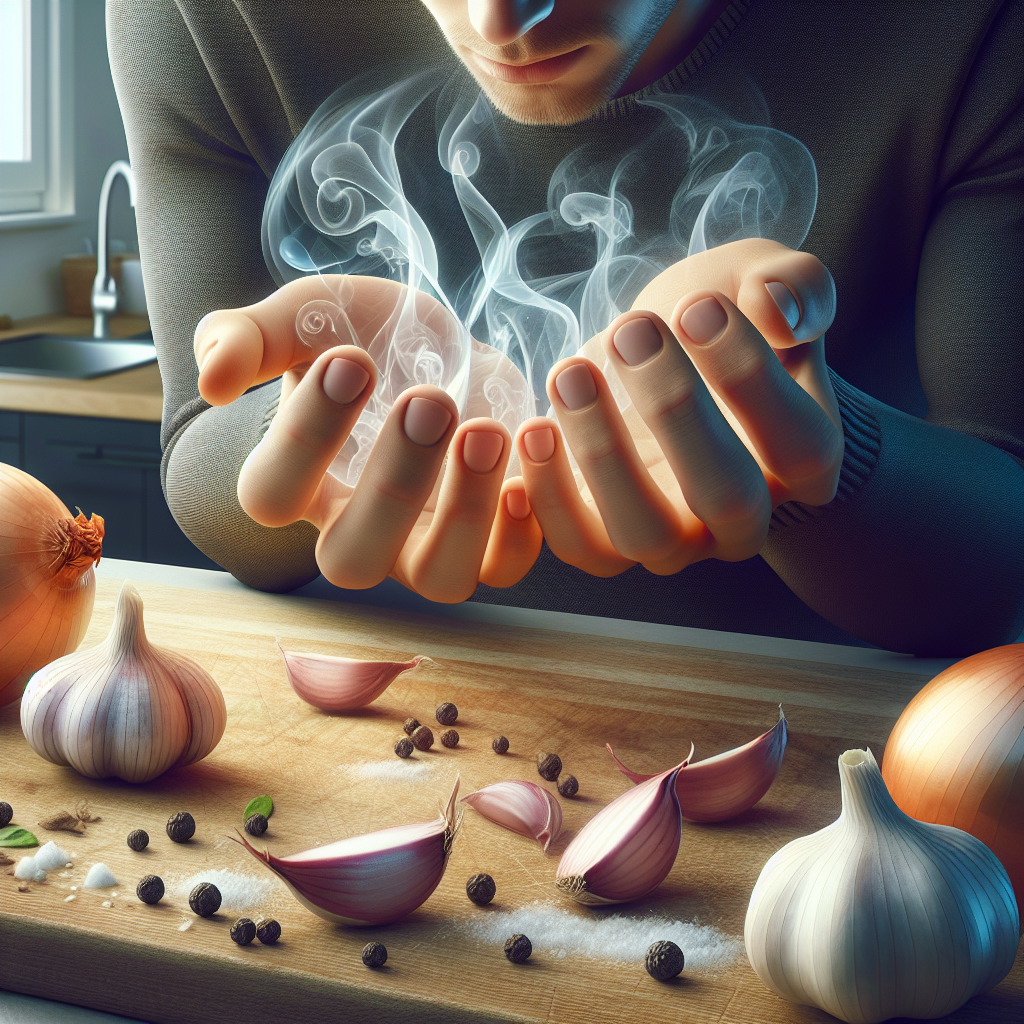 Realistische Nahaufnahme von einem Paar Händen, die leicht beunruhigt wirken, mit subtilen, abstrakten Geruchswolken, die von ihnen aufsteigen. Um die Hände herum sind kunstvoll arrangiert eine aufgeschnittene Zwiebel, Knoblauchzehen und ein kleines Stück roher Fisch, die die Ursachen des Geruchs andeuten. Natürliches, warmes Licht in einer modernen Küchenumgebung.