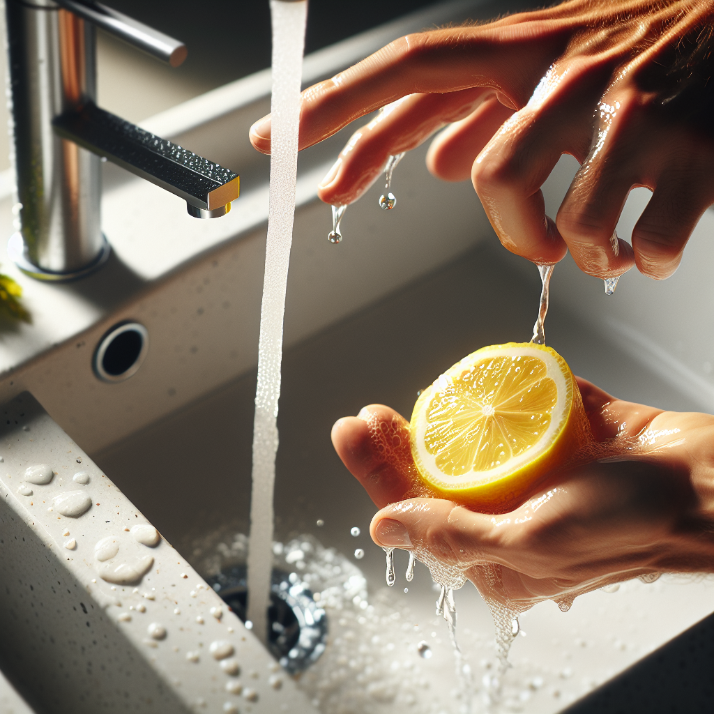 Realistische Fotografie von sauberen Händen, die unter einem sanften Wasserstrahl in einem modernen Waschbecken gewaschen werden. Eine Hand hält eine frische, aufgeschnittene Zitrone, während die andere Hand sie sanft reibt, um Geruchsentfernung und Frische zu symbolisieren. Helles, natürliches Licht, mit einem Gefühl von Sauberkeit und Erleichterung.