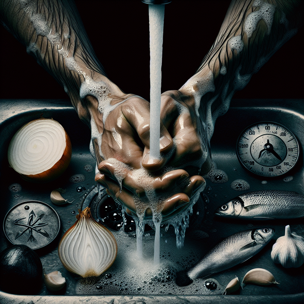 A close-up, dramatic shot of hands being vigorously washed under running water in a sink, surrounded by symbolic elements representing common strong hand odors: a cut onion, a garlic clove, a small fish, and a subtle, dark smear suggesting oil or gasoline. The hands show a determined effort to cleanse, with soap suds. High-contrast, realistic photography, slightly moody lighting, capturing the challenge of odor removal.