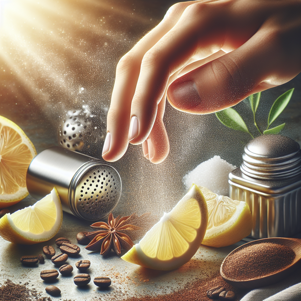 Bright and clean close-up of fresh, well-cared-for hands gently touching, with a soft background blur featuring elements known for odor neutralization: fresh lemon slices, a small pile of coffee grounds, and a gleaming stainless steel object. The scene evokes a sense of relief, cleanliness, and pleasant freshness. Optimistic, well-lit, high-detail photography.
