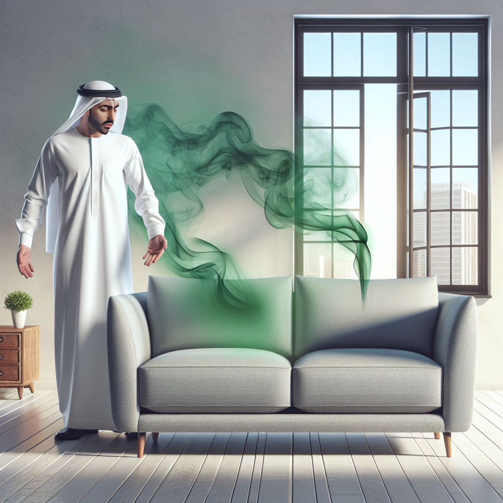 A modern, stylish living room with a new, beautiful grey sofa. A subtle, translucent, unpleasant green vapor emanates from the sofa, symbolizing the 'new furniture smell'. A person, slightly displeased, is opening a window to let in fresh air. Clean, minimalist aesthetic, realistic photo.