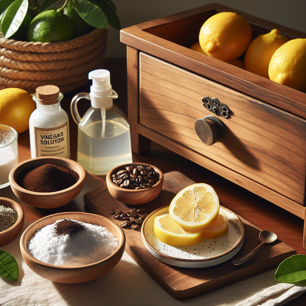 A well-lit close-up scene featuring a new wooden chest of drawers. Around it, various natural home remedies are strategically placed: a small bowl of baking soda, fresh coffee grounds in a saucer, a few slices of lemon, and a subtle spray bottle labeled 'vinegar solution'. The overall aesthetic is clean, natural, and suggests a fresh, calm atmosphere, realistic photo.