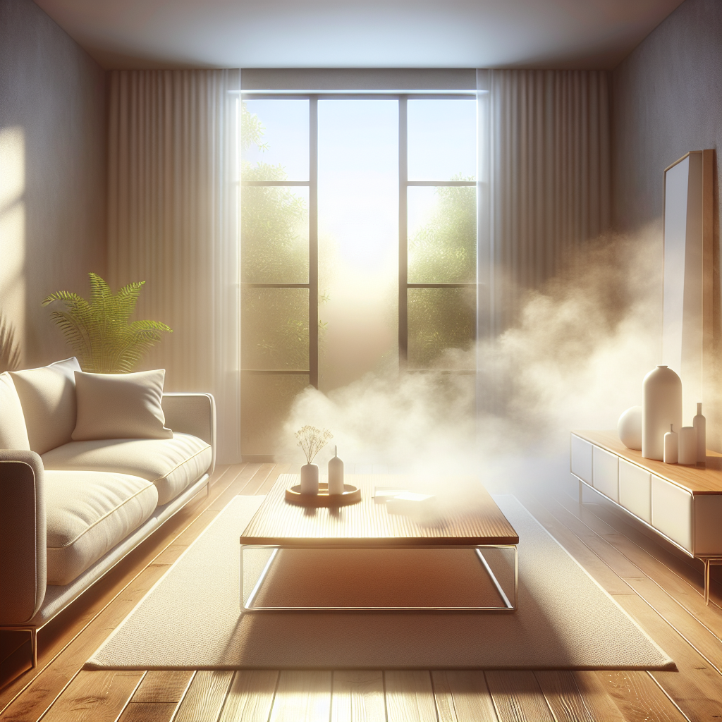 A modern, minimalist living room with brand new, stylish furniture (a sleek sofa and a wooden coffee table). Subtle, almost visible chemical fumes are emanating from the furniture, symbolizing an unpleasant new furniture smell. In the background, a large window is wide open, allowing fresh air and sunlight to stream into the room, suggesting ventilation. The overall atmosphere is clean but with a hint of an initial problem being addressed. Realistic photo, soft, natural lighting.