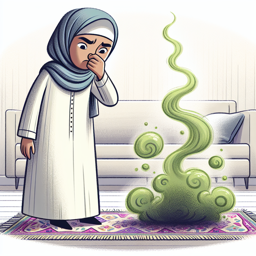 An illustration depicting a person with a disgusted expression, holding their nose, standing next to a subtly stained carpet or upholstery. Wisps of unpleasant, greenish-purple vapor rise from the stain, vividly symbolizing the pungent odor of sour milk in a clean, modern home interior. The style is expressive and slightly exaggerated to convey the strong smell.