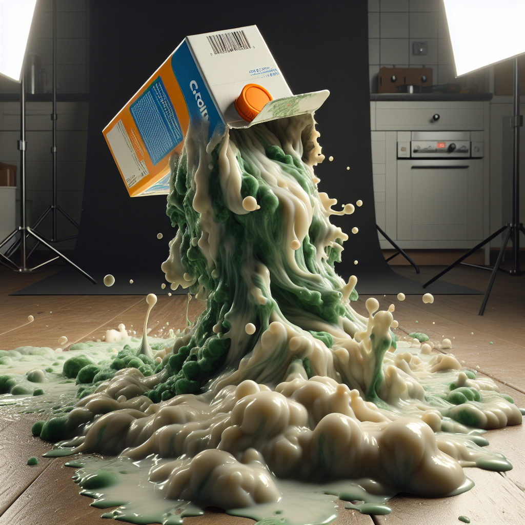A carton of sour milk spilled on a kitchen counter, with a visible, swirling cloud of unpleasant, greenish-brown odor emanating from it. The scene conveys a strong sense of disgust and an urgent need for cleaning. Realistic, high detail, studio lighting.