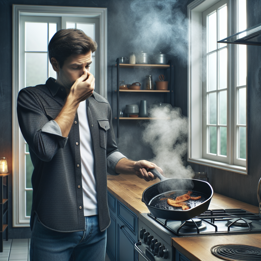 A modern kitchen with a slightly smoky atmosphere. A cast iron pan sits on a stovetop with remnants of burnt food, emitting a faint, unpleasant haze. A person subtly covers their nose, conveying discomfort from the persistent, acrid smell. Open windows in the background suggest an attempt to ventilate. Realistic photo.