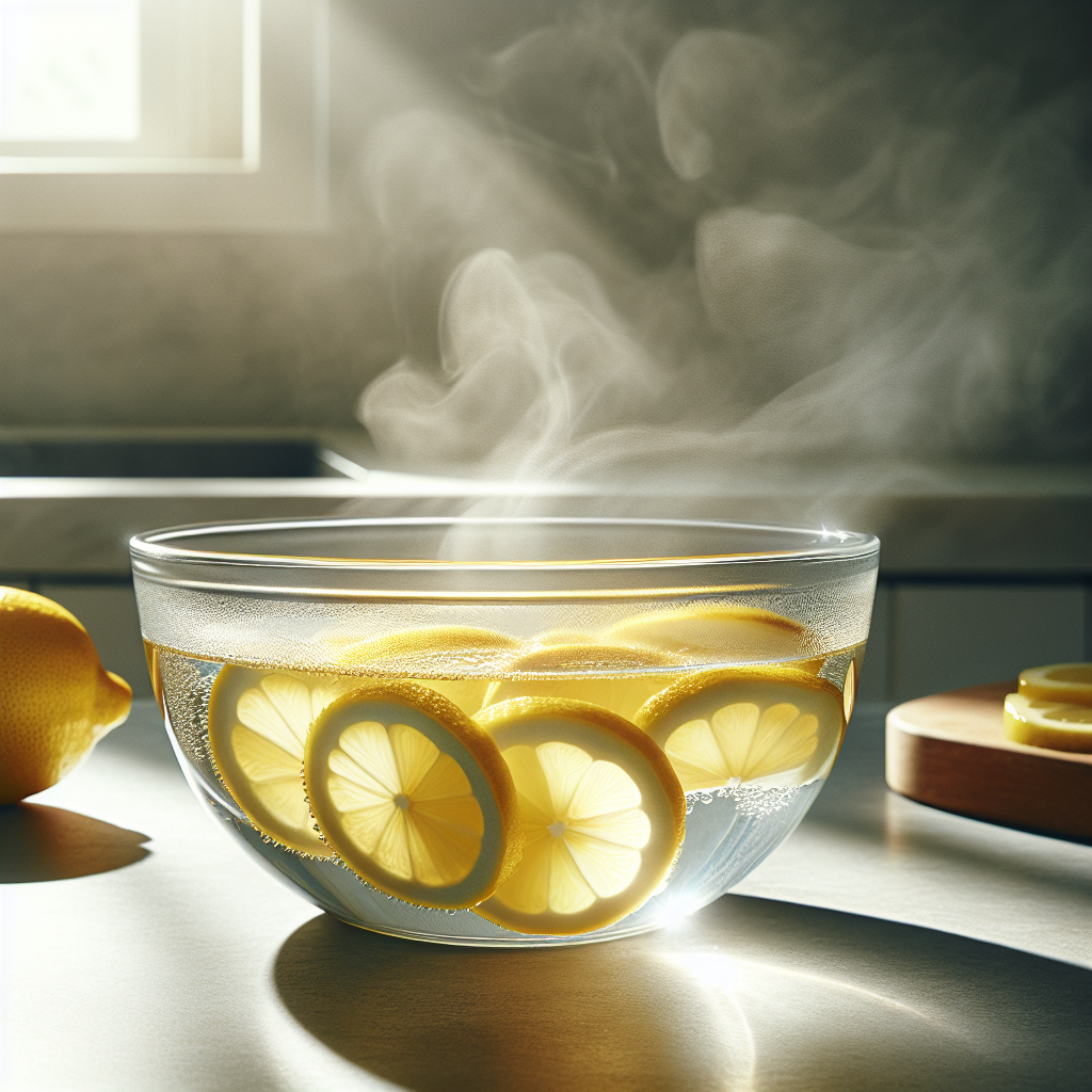 A close-up of a glass bowl filled with fresh lemon slices and steaming water, placed on a light-colored kitchen counter. Gentle steam rises from the bowl, creating a clean and refreshing visual. Soft, natural light illuminates the scene, emphasizing a fresh and pleasant aroma. Realistic photo style.