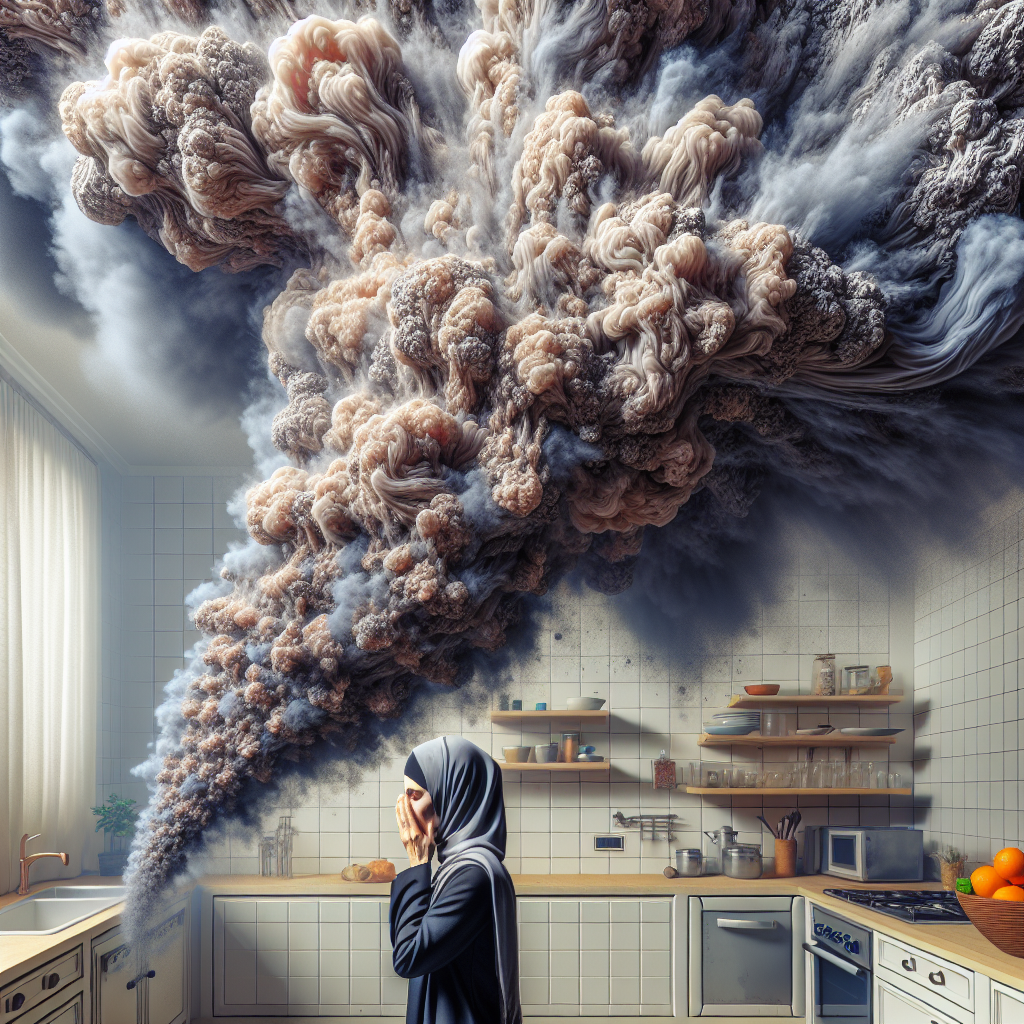 An oppressive, dark, swirling smoke-like cloud visually representing a strong, unpleasant burnt plastic smell filling a modern, slightly disheveled kitchen. A person in the background is subtly grimacing or holding their nose, looking overwhelmed by the pervasive odor. Focus on the tangible representation of the smell. Realistic, impactful, detailed.