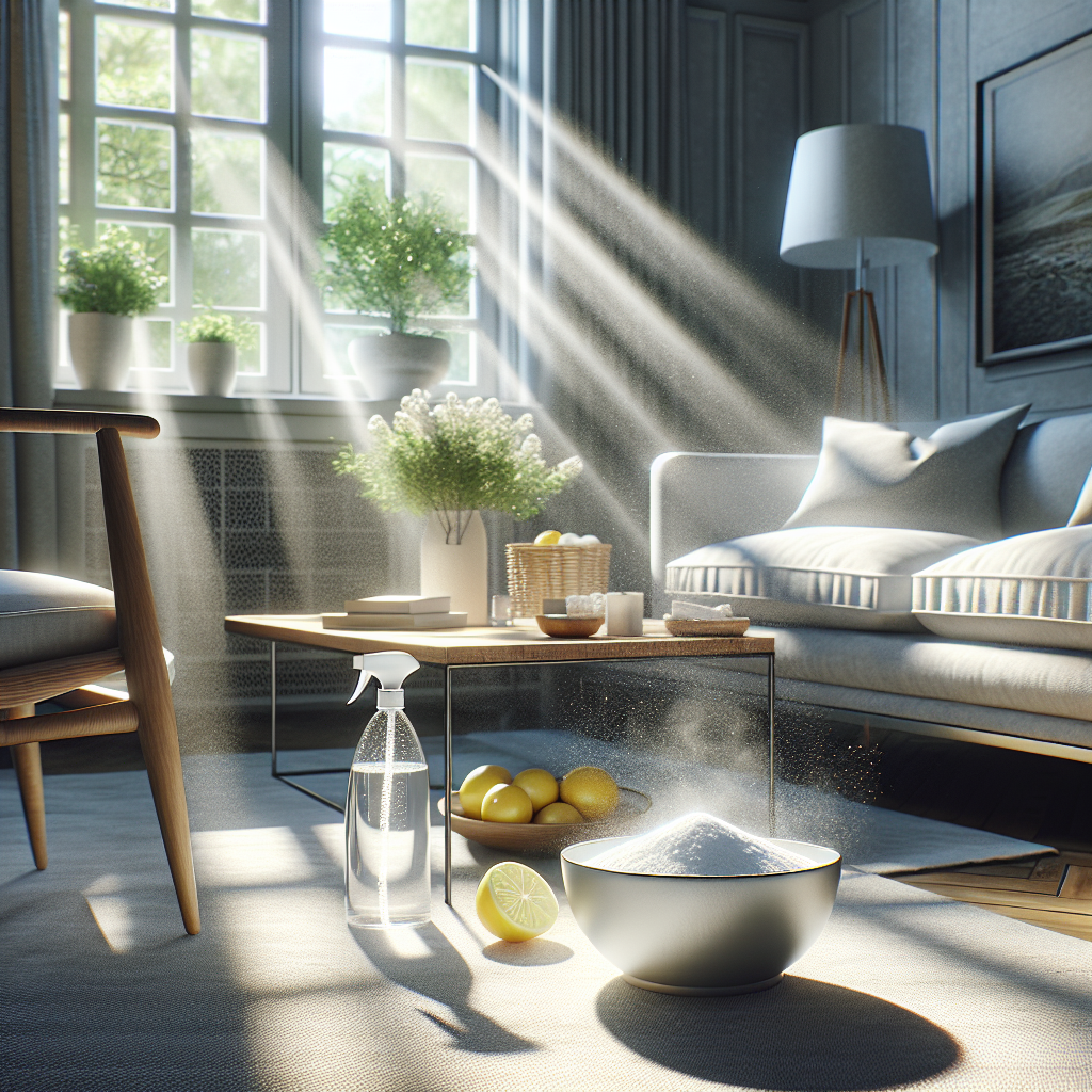 A bright, clean, and fresh living room with abundant natural light streaming through an open window, symbolizing air circulation and renewal. On a coffee table, subtle elements like a bowl of baking soda, sliced lemons, and a spray bottle are arranged. The atmosphere is serene and invigorating, representing successful odor removal and cleanliness. Realistic, high-key lighting, sense of relief.