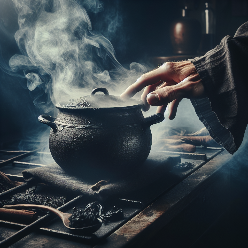 A kitchen scene with a dark, burnt pot on the stovetop, emitting a subtle, acrid smoke that diffuses into the air. A person's hand is visible, gently waving away the air from their nose, conveying the strong, unpleasant smell of burning. The atmosphere is slightly dim and emphasizes the lingering smoke and discomfort. Realistic, detailed, and slightly distressed mood.