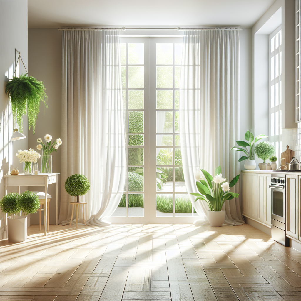 A bright, clean, and airy home interior, possibly a kitchen or living room. Large windows are wide open, allowing abundant sunshine and a gentle breeze to flow in, causing sheer white curtains to billow softly. The room is tidy, fresh, and features green plants or fresh flowers, symbolizing a pleasant, clean aroma and the complete absence of any burnt smell. The mood is serene and refreshing, with vibrant, natural lighting.