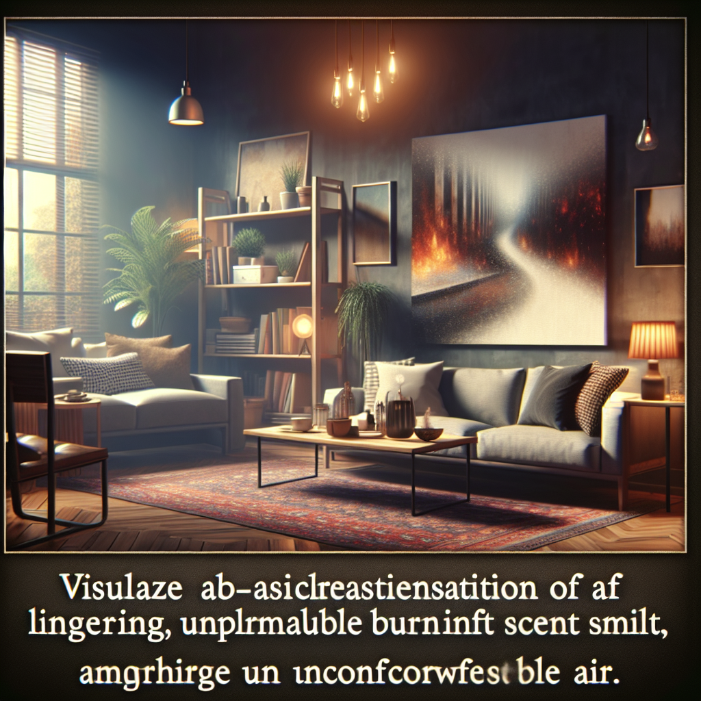 A realistic depiction of a cozy living room, slightly dim and hazy with a visible, abstract representation of a lingering, unpleasant burnt smell swirling through the air. The atmosphere conveys a feeling of discomfort and a persistent, unwanted odor. High detail, atmospheric.
