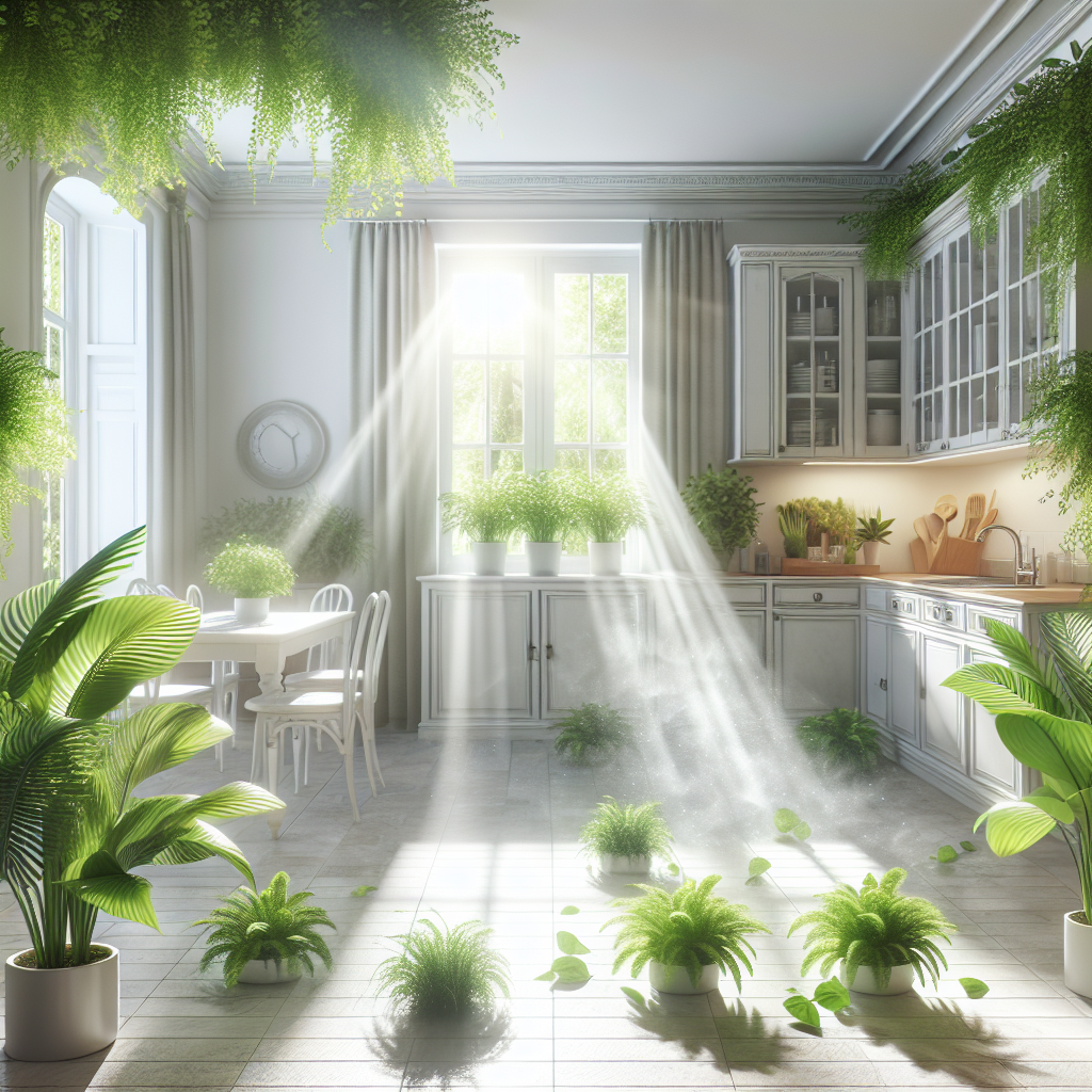A bright, immaculate kitchen or living room with an open window, sunlight streaming in, and fresh green plants. The air looks clear and sparkling, conveying a strong sense of freshness and cleanliness after an odor has been successfully removed. Vibrant, refreshing, realistic.