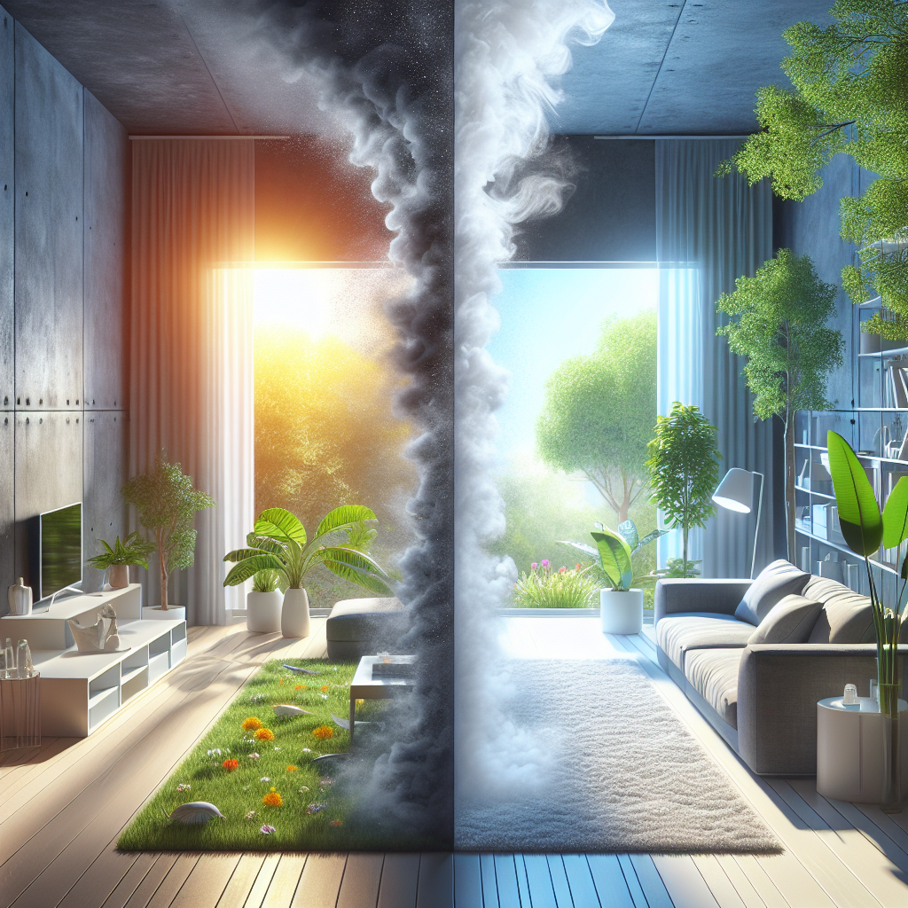 A modern, clean living room where one half is visibly shrouded in subtle, swirling grey 'bad odor' fumes emanating from unseen sources, creating a slightly dull atmosphere. The other half is vibrant, filled with sparkling fresh air, bright sunlight streaming through a window, and lush green plants, symbolizing the transformation to a fresh home. The contrast is striking, in a realistic, high-detail photographic style.