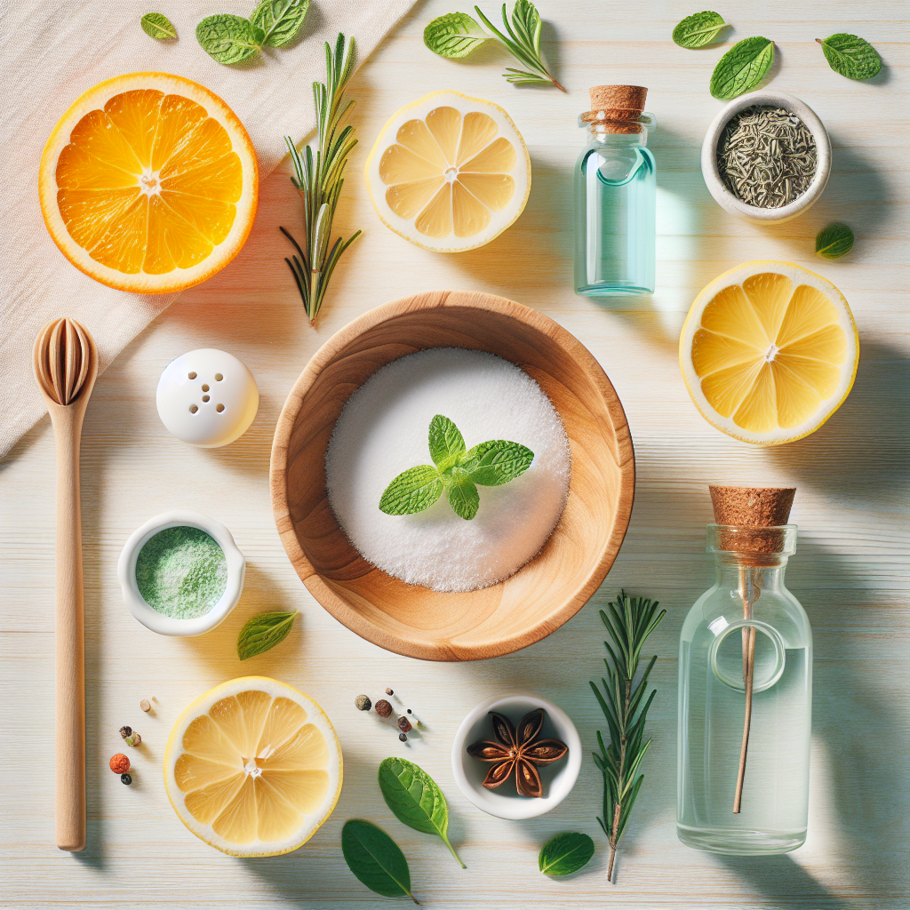 A top-down (flat lay) composition featuring various natural household items known for odor removal, elegantly arranged on a clean, light-colored wooden surface. Include elements like sliced lemons and oranges, a small open bowl of white baking soda, a sprig of fresh rosemary or mint, and a small glass spray bottle. The style is bright, clean, and minimalist, with soft, natural lighting.