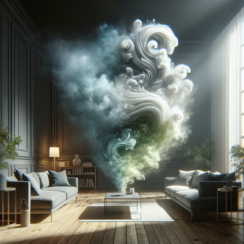 A vibrant, conceptual image illustrating the transformation of a bad smell into freshness. A visible, swirling cloud of unpleasant, grey-green odor is being actively dissipated and replaced by sparkling, clean white and light blue wisps of fresh air within a bright, inviting living room. The scene evokes a sense of relief and cleanliness, with subtle hints of natural light and an overall fresh atmosphere. High detail, realistic, cinematic lighting.