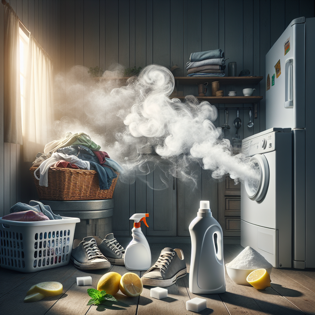 A visually balanced image depicting common sources of household odors such as a laundry basket with clothes, a pair of shoes, and an open refrigerator, each emitting a subtle, wispy cloud of bad smell. In the foreground, various tools and remedies like a spray bottle, a sliced lemon, and a box of baking soda are actively neutralizing these odors, represented by clean, white air flowing from them towards the smelly items. The overall scene is bright, clean, and highlights effective solutions. Realistic, high detail, studio photography style.