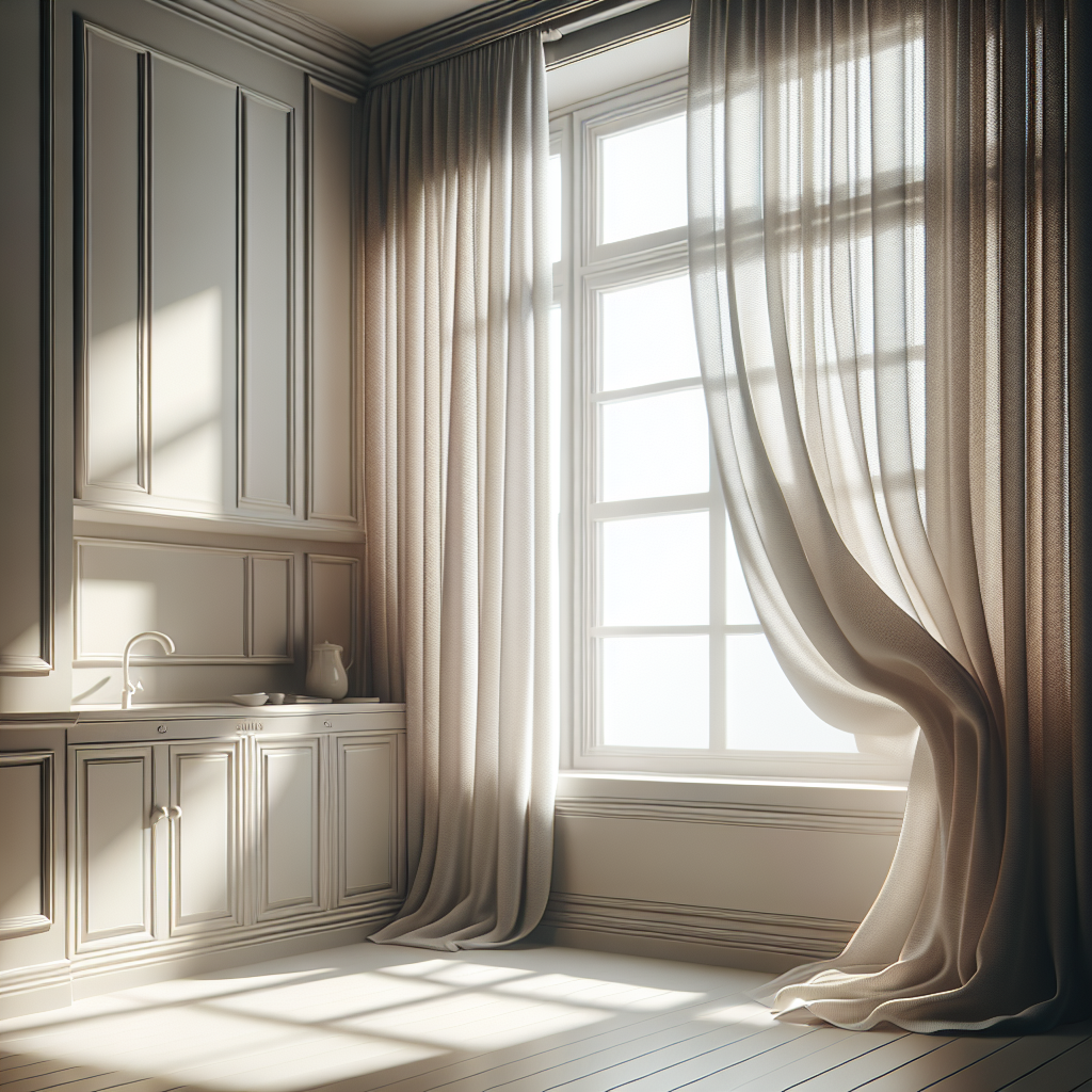 A minimalistic and clean image of a bright, well-ventilated room, possibly a kitchen or living room corner, bathed in natural light. A subtle symbolic representation of cleanliness and odor removal is present, such as a beautifully opened window with sheer curtains billowing gently, hinting at fresh air circulation. The focus is on a serene, inviting atmosphere, free from bad smells, using a soft, harmonious color palette.