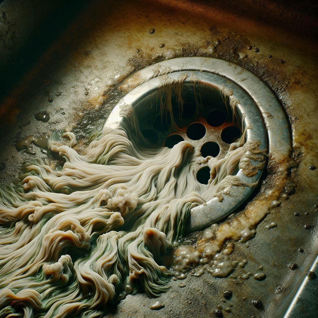 A close-up of a kitchen sink drain, appearing grimy with visible residue, from which a distinct, unpleasant green and brown wavy odor cloud visibly rises, creating a sense of disgust. Realistic photo, atmospheric lighting.