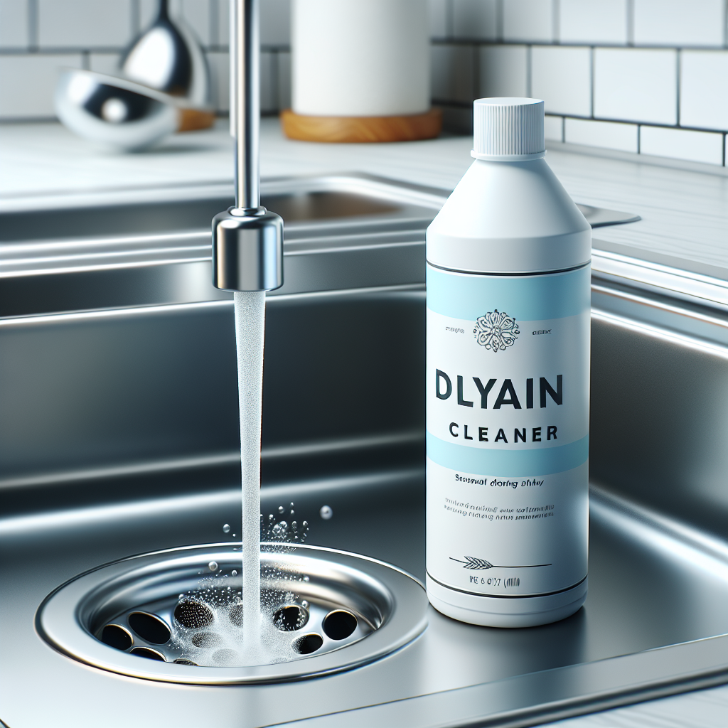 A sleek, generic bottle of drain cleaner liquid stands prominently next to a sparkling clean, gleaming kitchen sink drain. A subtle, refreshing misty vapor or tiny bubbles rise from the drain, symbolizing freshness and effective cleaning. Bright, clean aesthetic, realistic photo.