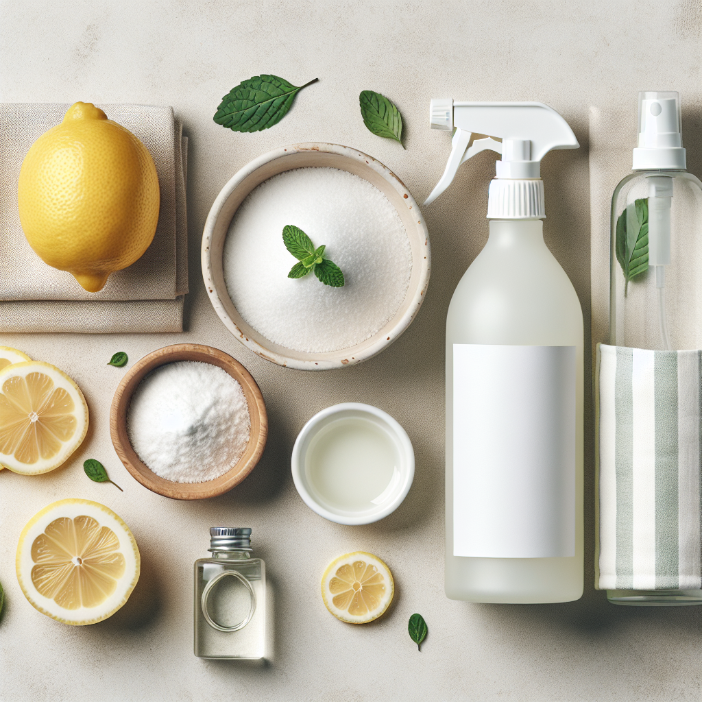 A clean and crisp flat lay composition showcasing different odor removal methods. On one side, natural remedies like a bowl of white baking soda, a bottle of white vinegar, and sliced fresh lemons are artfully arranged. On the other side, a sleek, modern spray bottle of a commercial odor remover is prominently displayed. The background is minimalistic and light, highlighting the solutions. Studio lighting, focus on texture and clarity.