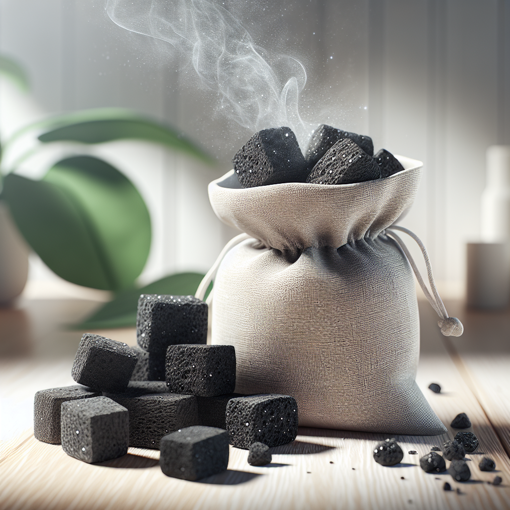 A close-up shot of dark, porous activated carbon chunks, some contained within a small, elegant natural linen bag, sitting on a light, clean wooden surface. Gentle, transparent wisps of air rise from the carbon, symbolizing freshness and odor absorption. In the soft-focus background, hints of a modern, clean home environment with subtle green plants are visible. The lighting is bright and airy, emphasizing natural materials and a sense of purity. Photorealistic, high detail.